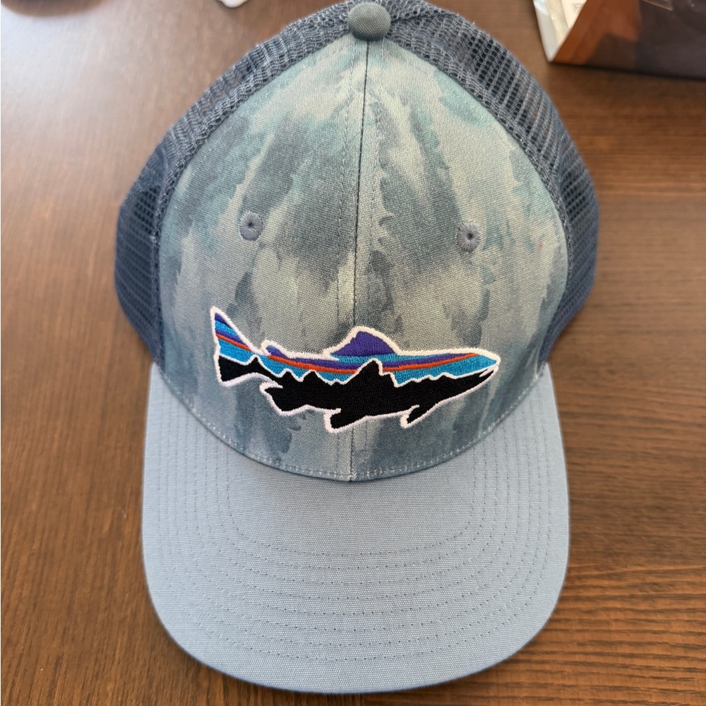 Patagonia Fitz Roy Trout Trucker Hat Mid Crown Adjustable blue/green Mesh Back